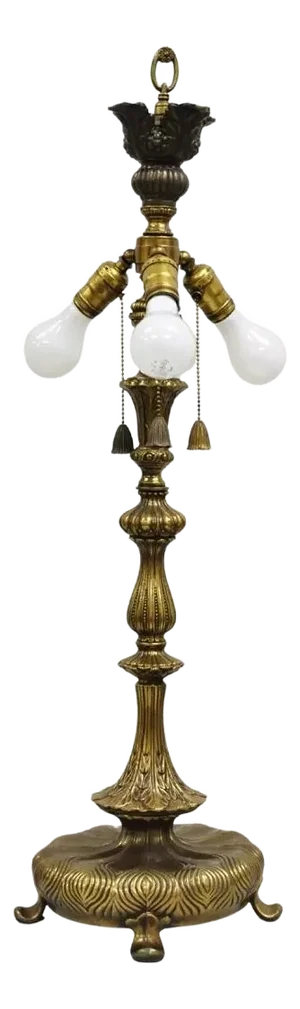 Vintage French Art Nouveau Metal 3 Light Tall Brass Lotus Candlestick Table Lamp