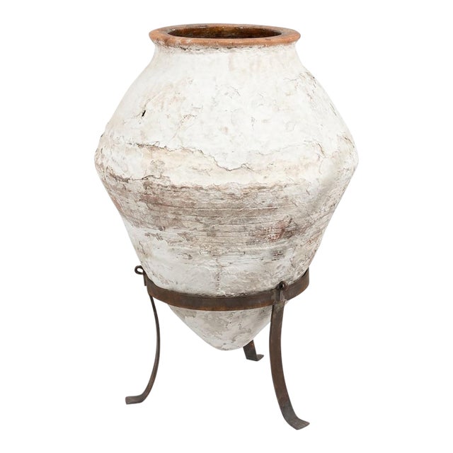 1930s Greek Terracotta Olive Oil Jar on Custom Wrought Iron Stand For Sale