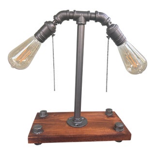 Mercantile Design Industrial Pipe Table Lamp With Dual Edison Sockets on Solid Wood Base For Sale
