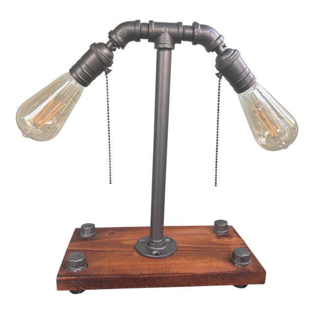 Mercantile Design Industrial Pipe Table Lamp With Dual Edison Sockets on Solid Wood Base For Sale