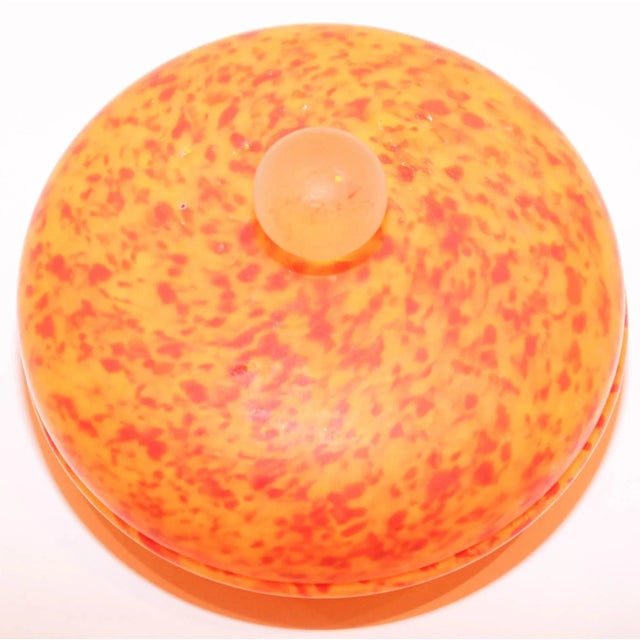 Vintage Venetian Murano Bright Orange Italian Hand Blown Art Glass Covered Bowl. Hand Blown art glass candy dish shade in...