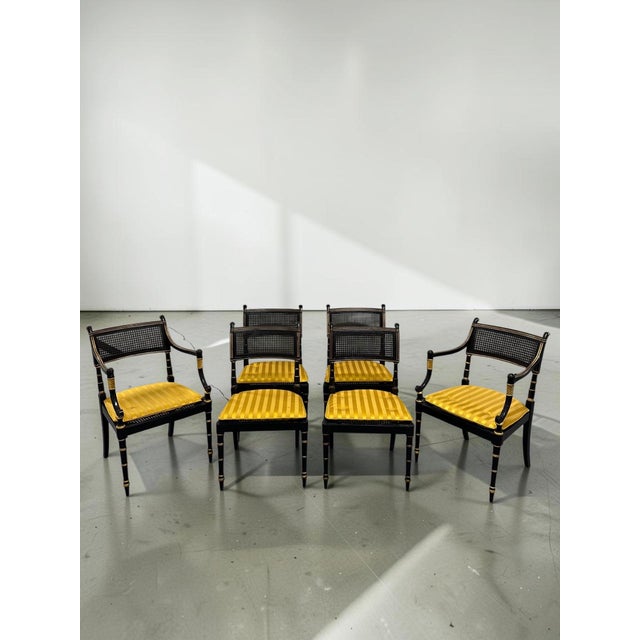 Wood Late 20th Century Set of Six Baker Furniture Regency Ebonized and Parcel Gilt Cane Dining Chairs For Sale - Image 7 of 14