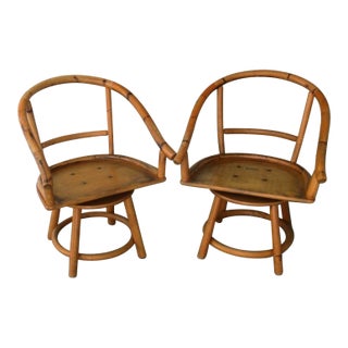 Vintage Pair of Sturdy Rattan Low Back Swivel Chairs For Sale