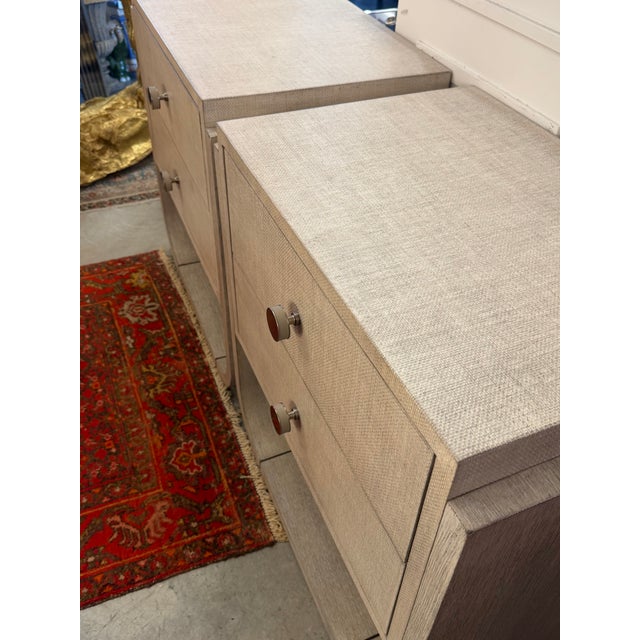 1990s Modern Linen Wrapped Wood and Shellac 2 Drawer Nightstands With Metal Accents by Hooker Furniture Co, Signed a Pair For Sale - Image 5 of 11