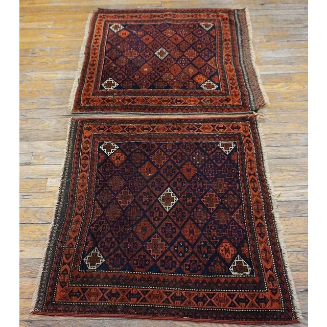 Persian 1890s Red Wine Geometric Antique Pair of Persian Baluch Carpets 2'7" X 2'7" Knotted Wool Rugs For Sale - Image 3 of 10
