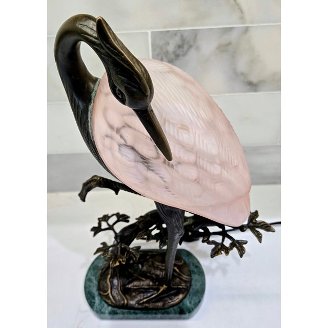 Art Deco 1996 Tin Chi Heron Art Glass Lamp for Andrea by Sadek on Green Marble Base For Sale - Image 3 of 14