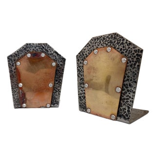 Mid 20th Century Rustic Hammered Metal & Rivet Bookends, a Pair For Sale