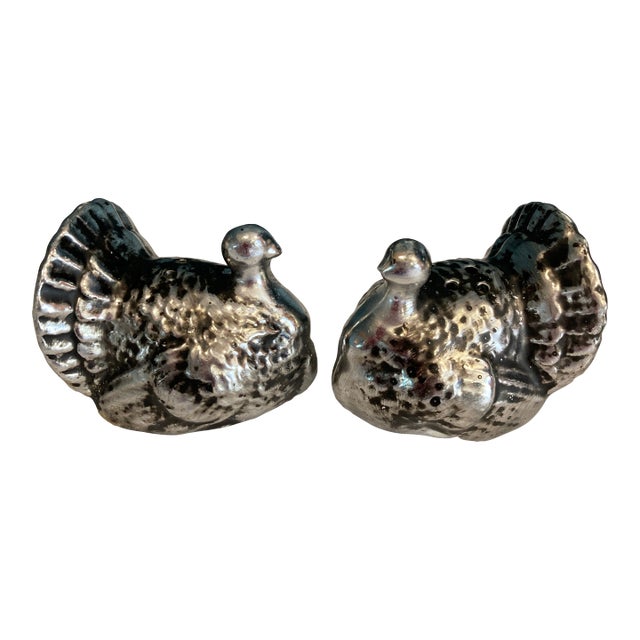 Vintage Ceramic Turkey Salt & Pepper Shakers With Metallic Silver Finish For Sale