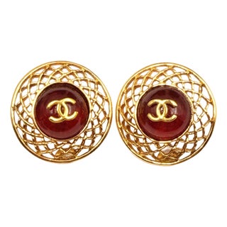 1990s Chanel Vintage Gold Plated CC Weave Round Large Clip on Earrings, A Pair For Sale