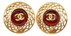 1990s Chanel Vintage Gold Plated CC Weave Round Large Clip on Earrings, A Pair