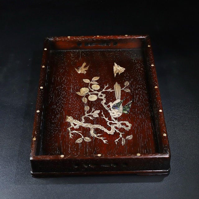 Late 19th Century Wooden Tea Tray With Mother-of-Pearl Bird and Landscape Inlay For Sale - Image 5 of 9