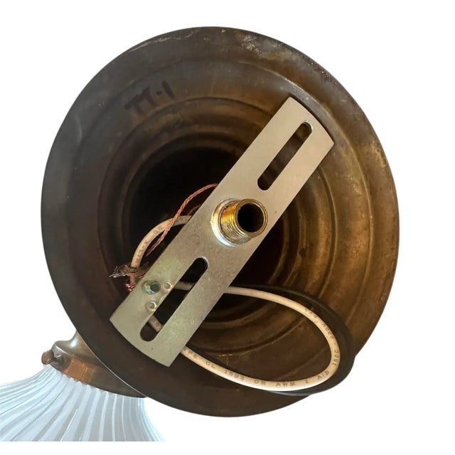 American Rare Set of Three Ribbed Halophane and Brass Wall Sconces Stamped 1903 For Sale - Image 3 of 6