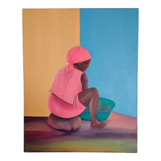 "Sitting Woman in Pink," Oil on Canvas, Benada Oduma For Sale