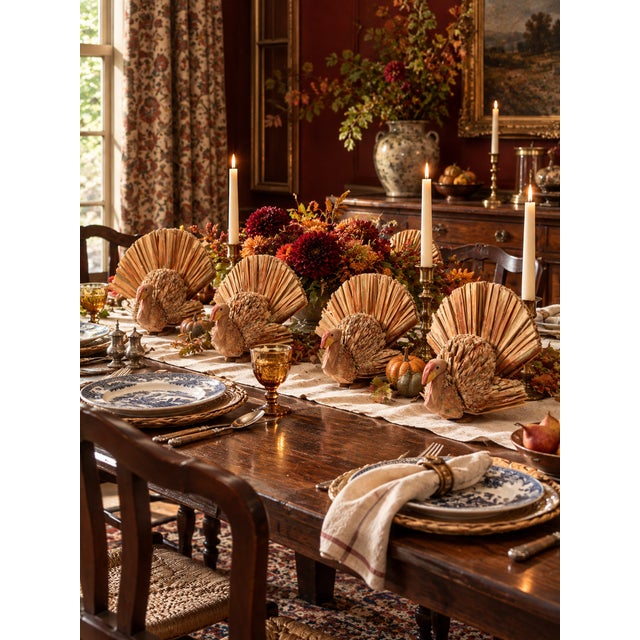 A set of four vintage handcrafted turkey figurines featuring woven straw bodies, carved wooden heads, and beautifully...