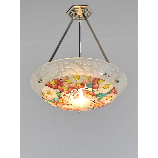 1930s French Art Deco Pendant Light by Loys Lucha 1930s - Pink Enameled Floral Bowl For Sale - Image 5 of 13