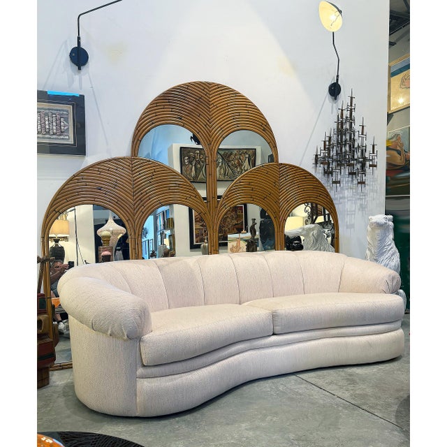 Vintage Crespi Style Rattan and Mirror Folding Arch Screen, 3 Panels Offered for sale is a very large vintage rattan and...