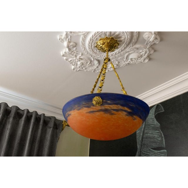 French Art Nouveau Blue & Orange Mottled Glass Pendant Light by G.V. Croismare For Sale - Image 9 of 18
