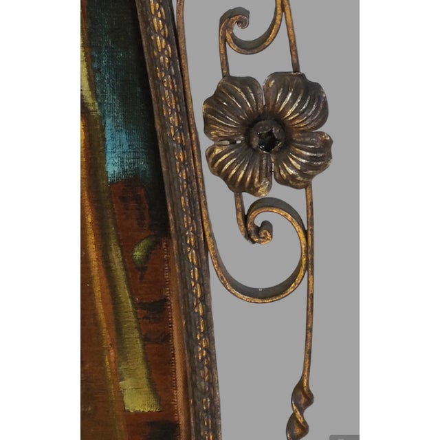 Antique Italian Bronzed Ornate Floral Urn Metal Frame Florentine Painted Venetian Velvet Fabric Wall Hanging Art For Sale In Philadelphia - Image 6 of 11
