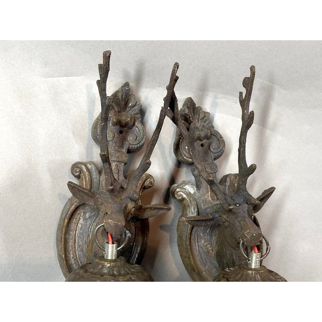 Late 20th French Louis XVI Bronze Deer Wall Lamps Sconces Pair For Sale - Image 6 of 9