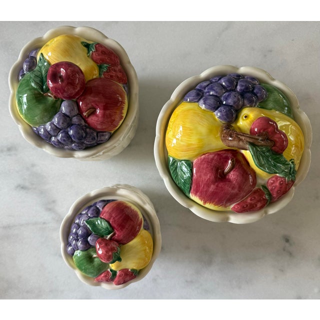 Ceramic Set of 3 Vintage Canisters With Fruit Basket Design Made by Otagiri For Sale - Image 7 of 12