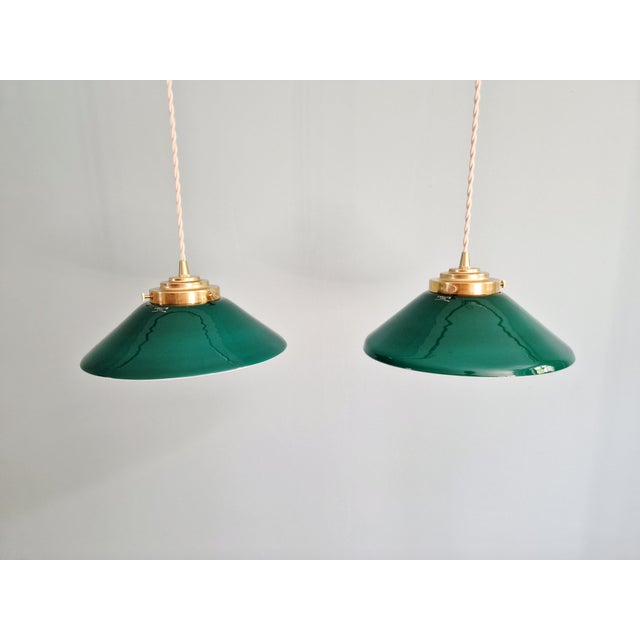 Gold Art Deco Conical Green Opaline Pendant Lights, Set of 2 For Sale - Image 8 of 17