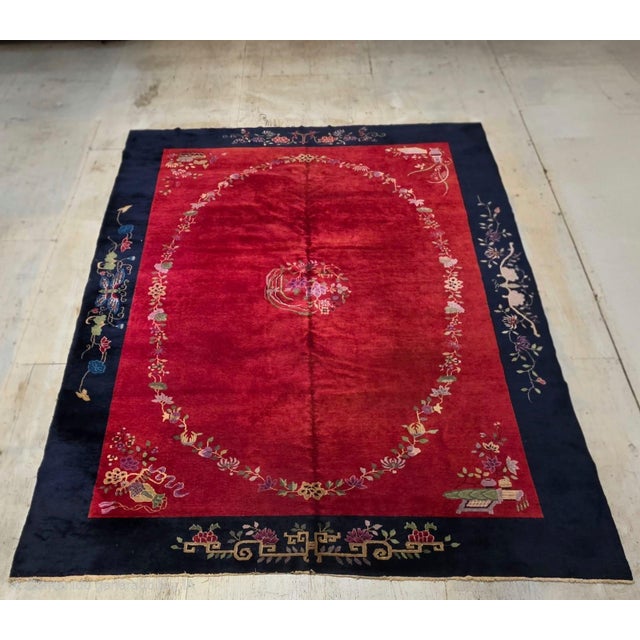 Antique Chinese Art Deco Red and Navy Blue Floral Wool Rug For Sale - Image 4 of 7