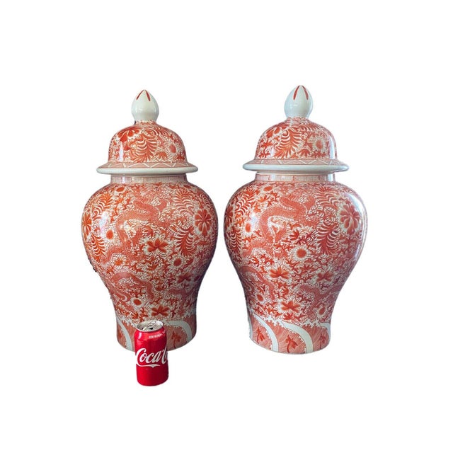 Coral & White Chinoiserie Dragons Temple Ginger Jars 25" H Set of Two For Sale - Image 4 of 8