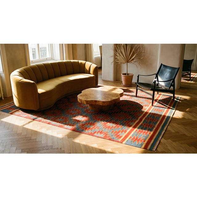 1930s Red Blue Diamond Tribal Antique Indian Cotton Dhurrie Carpet 6' X 9'7" Flatweave Cotton Rug For Sale - Image 15 of 16