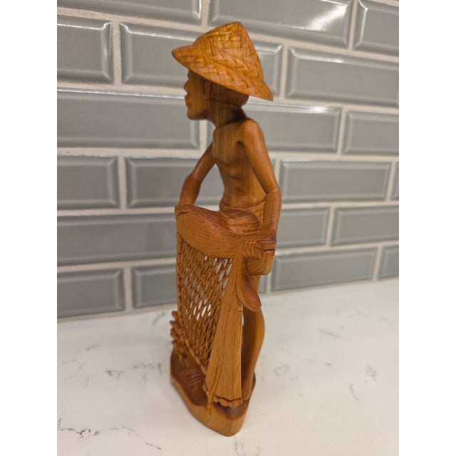 Art Deco Mid-Century Balinese Art Deco Seated Fisherman With Cast Net Sculpture For Sale - Image 3 of 12