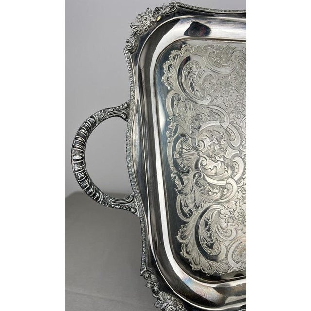 Vintage English Ornate Engraved Metal Twin Handle Tray For Sale - Image 3 of 18