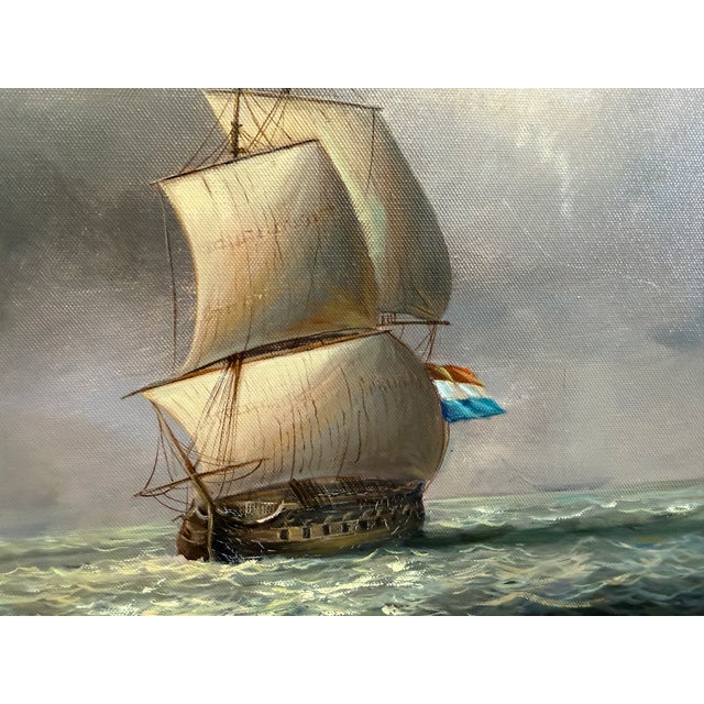 This finely executed oil on canvas depicts a dramatic maritime scene with several Dutch sailing ships navigating choppy...