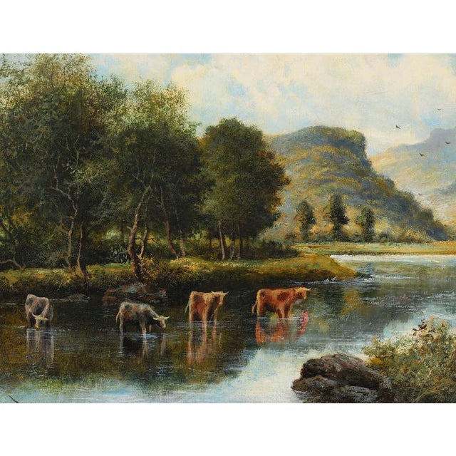 This is a beautiful English antique oil on canvas painting, " Cattle Watering in a Lochland Landscape" by William Langley...