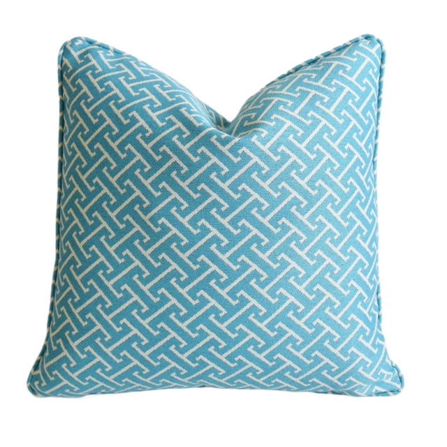 2020s Sky-Blue & White Modern Contemporary Geometric Feather/Down Pillow 20” Square For Sale - Image 5 of 6