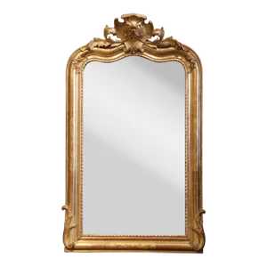 19th Century French Louis XV Carved and Arched Giltwood Mirror With Leaf Decor