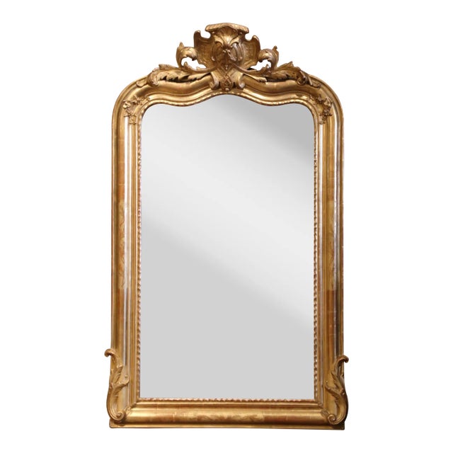 19th Century French Louis XV Carved Giltwood Mirror With Mercury Glass For Sale