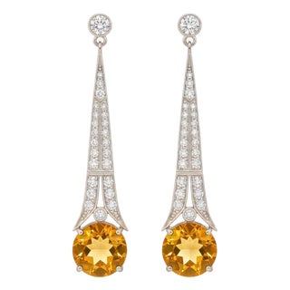 Art Deco Style Citrine and Colorless Topaz Drop Earrings Silver, Gold, A Pair For Sale