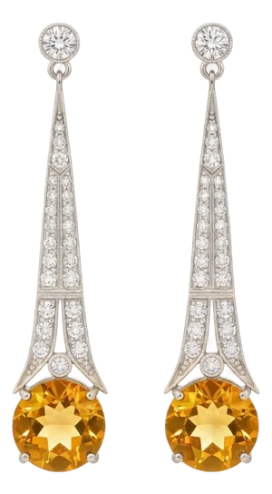 Art Deco Style Citrine and Colorless Topaz Drop Earrings Silver, Gold, A Pair