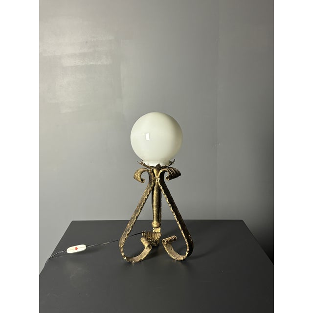 Metal Mid-Century Brutalist Wrought Iron and Opaline Table Lamp, Spain, 1950s For Sale - Image 7 of 13