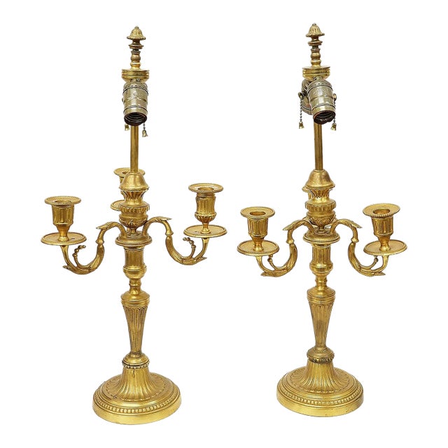 Late 19th Century French 23k Gilded Louis XVI Style Candleabra Lamps - A Pair For Sale