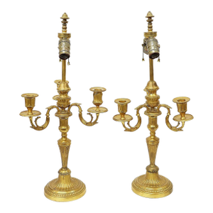 Late 19th Century French 23k Gilded Louis XVI Style Candleabra Lamps - A Pair