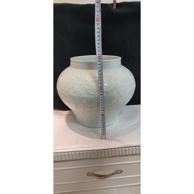 Chinese Ceramic Pot White Glaze Porcelain Jar Hand Carved Dragon Pattern For Sale - Image 9 of 9