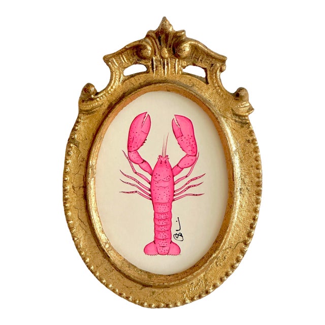 Original Hand-Painted Whimsical Pink Lobster Painting, Framed in a Vintage Frame For Sale
