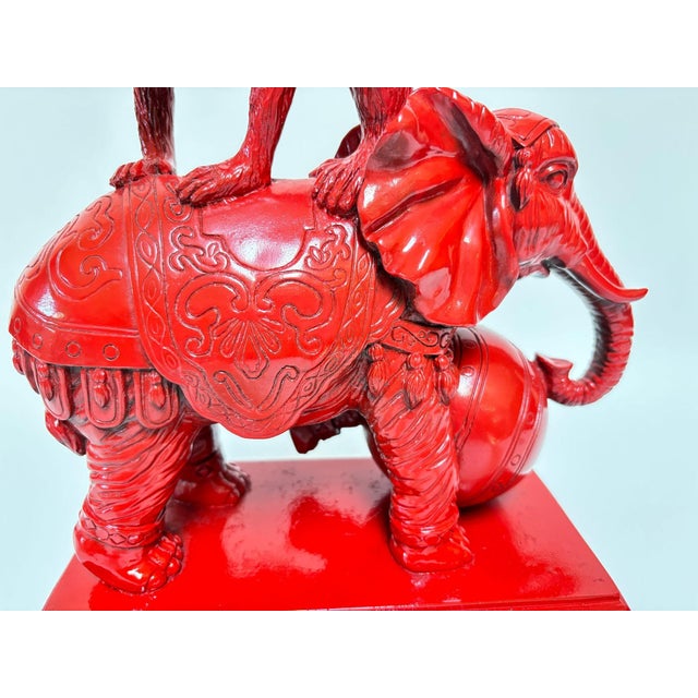 Mid 20th Century Hollywood Regency Chinoiserie Red Elephant & Monkey Sculpture Glossy Resin 1970s For Sale - Image 5 of 15