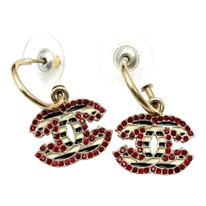 Chanel Gold CC Black White Stripe Red Crystal Hoop Piercing Earrings - 2 Pieces