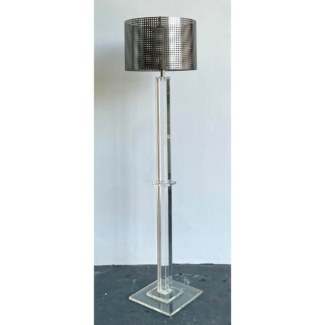 Silver Vintage Boho Lucite Floor Lamp With Perforated Metal Shade For Sale - Image 8 of 9