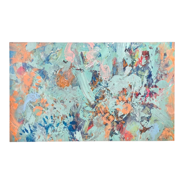 Original Aqua and Peach Abstract Painting on Canvas For Sale