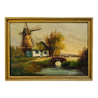 Vintage Mid-Century Belgian Landscape Oil Painting – Windmill & Cottage Scene For Sale