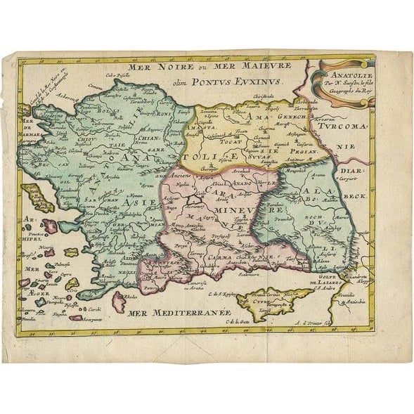 Paper Antique Map of Turkey with Cyprus and Greece by N. Sanson, 1652 For Sale - Image 7 of 7