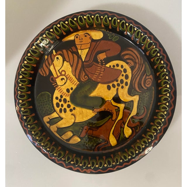 Brown Folk Art Man Horse Dog Decorative Wall Plate, Signed For Sale - Image 8 of 10