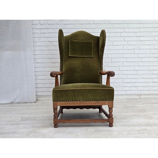 Vintage Danish Wingback Lounge Chair in Furniture Velour and Oak, 1960s For Sale - Image 12 of 18